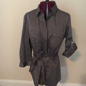 Grey button up belted shirt
